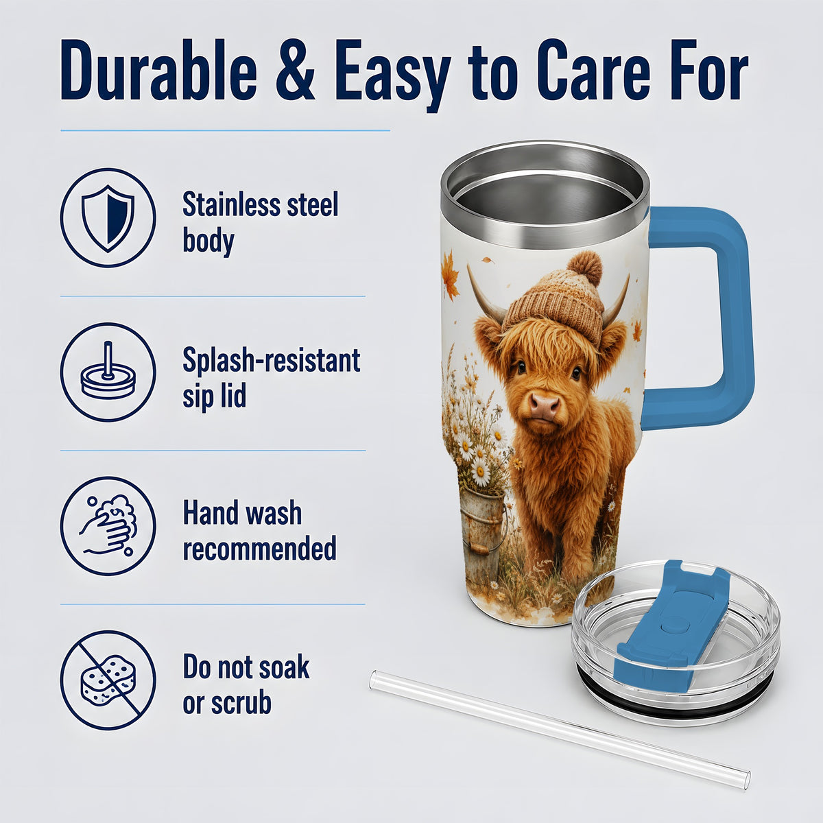 #pl[40oz|Blue] Highland Cow Handled Tumbler, 40oz Stainless Steel for Cow Lovers
