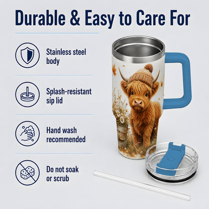 #pl[40oz|Blue] Highland Cow Handled Tumbler, 40oz Stainless Steel for Cow Lovers