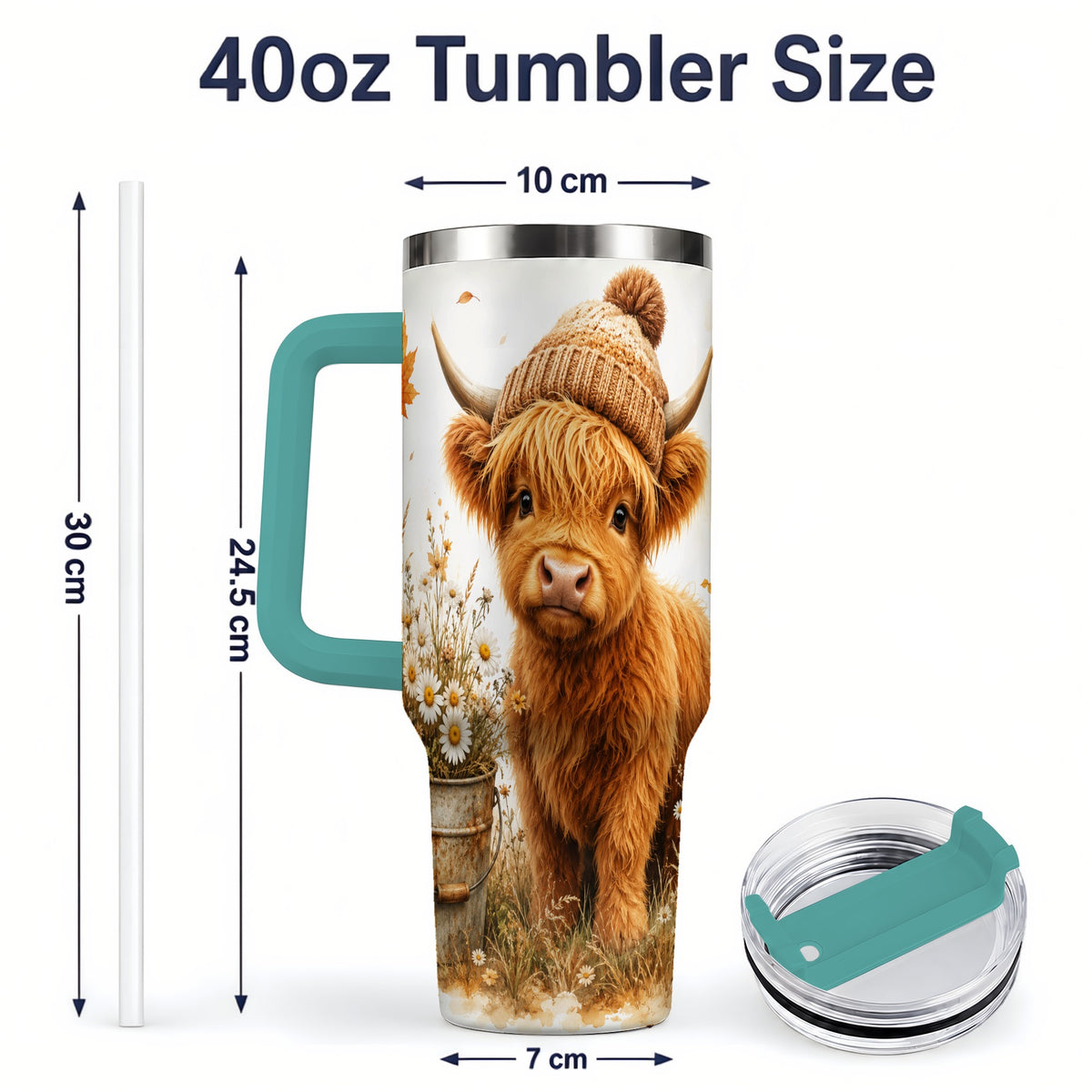 #pl[40oz|Green] Highland Cow Handled Tumbler, 40oz Stainless Steel for Cow Lovers