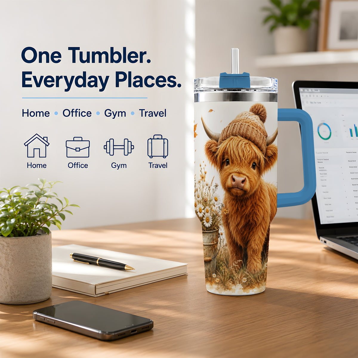 #pl[40oz|Blue] Highland Cow Handled Tumbler, 40oz Stainless Steel for Cow Lovers