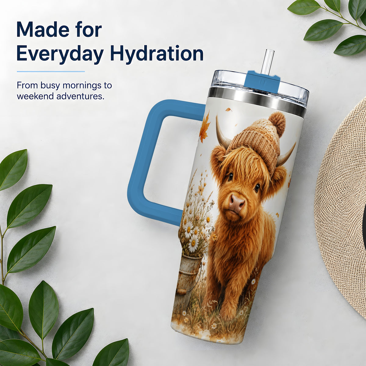 #pl[40oz|Blue] Highland Cow Handled Tumbler, 40oz Stainless Steel for Cow Lovers