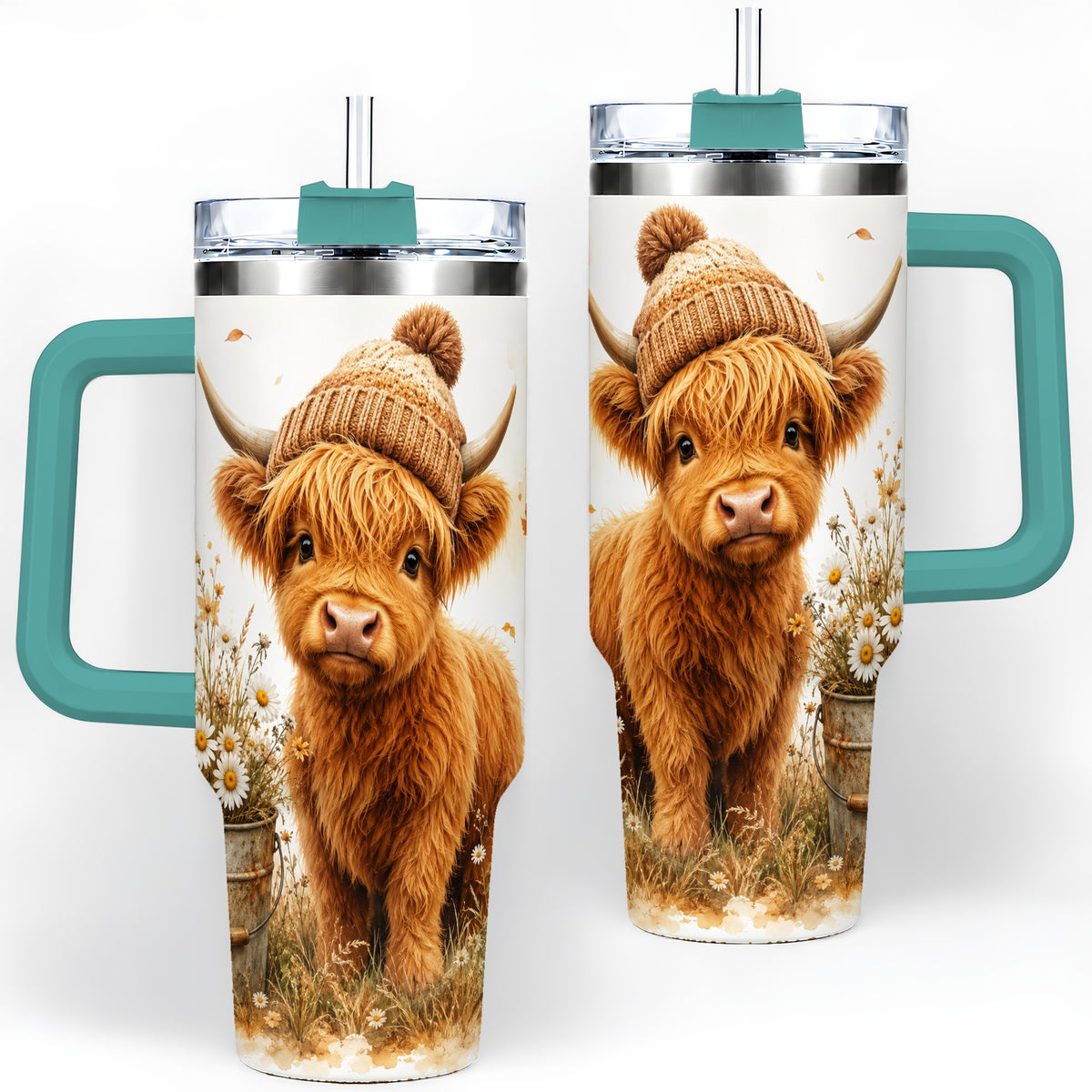 #pl[40oz|Green] Highland Cow Handled Tumbler, 40oz Stainless Steel for Cow Lovers