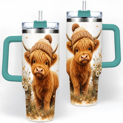 #pl[40oz|Green] Highland Cow Handled Tumbler, 40oz Stainless Steel for Cow Lovers