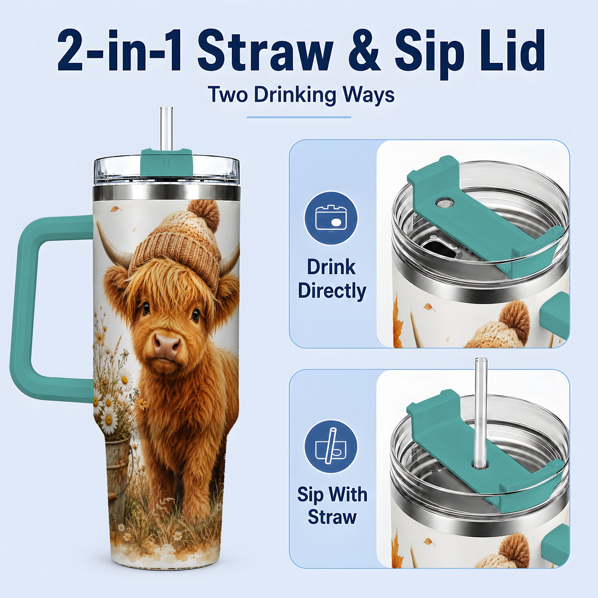 #pl[40oz|Green] Highland Cow Handled Tumbler, 40oz Stainless Steel for Cow Lovers