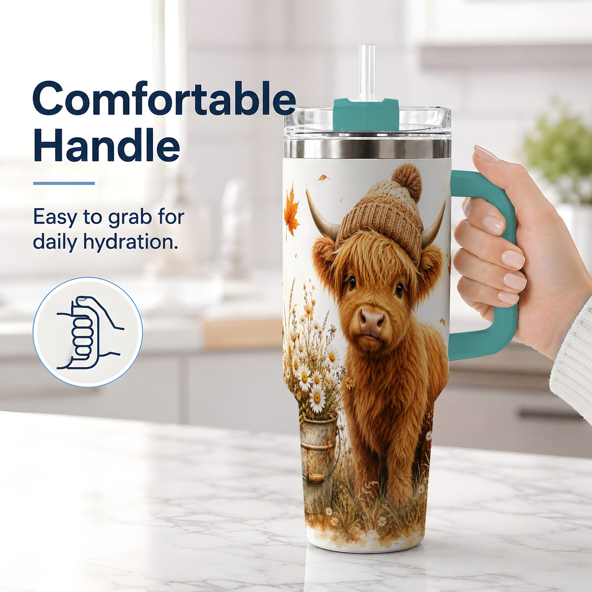 #pl[40oz|Green] Highland Cow Handled Tumbler, 40oz Stainless Steel for Cow Lovers