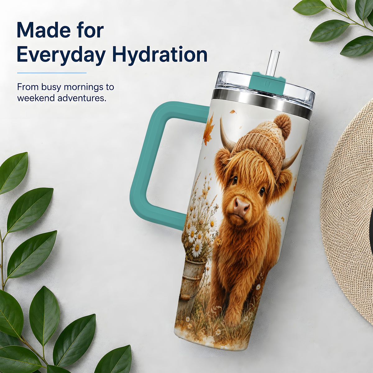 #pl[40oz|Green] Highland Cow Handled Tumbler, 40oz Stainless Steel for Cow Lovers