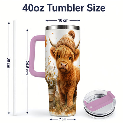 #pl[40oz|Pink] Highland Cow Handled Tumbler, 40oz Stainless Steel for Cow Lovers