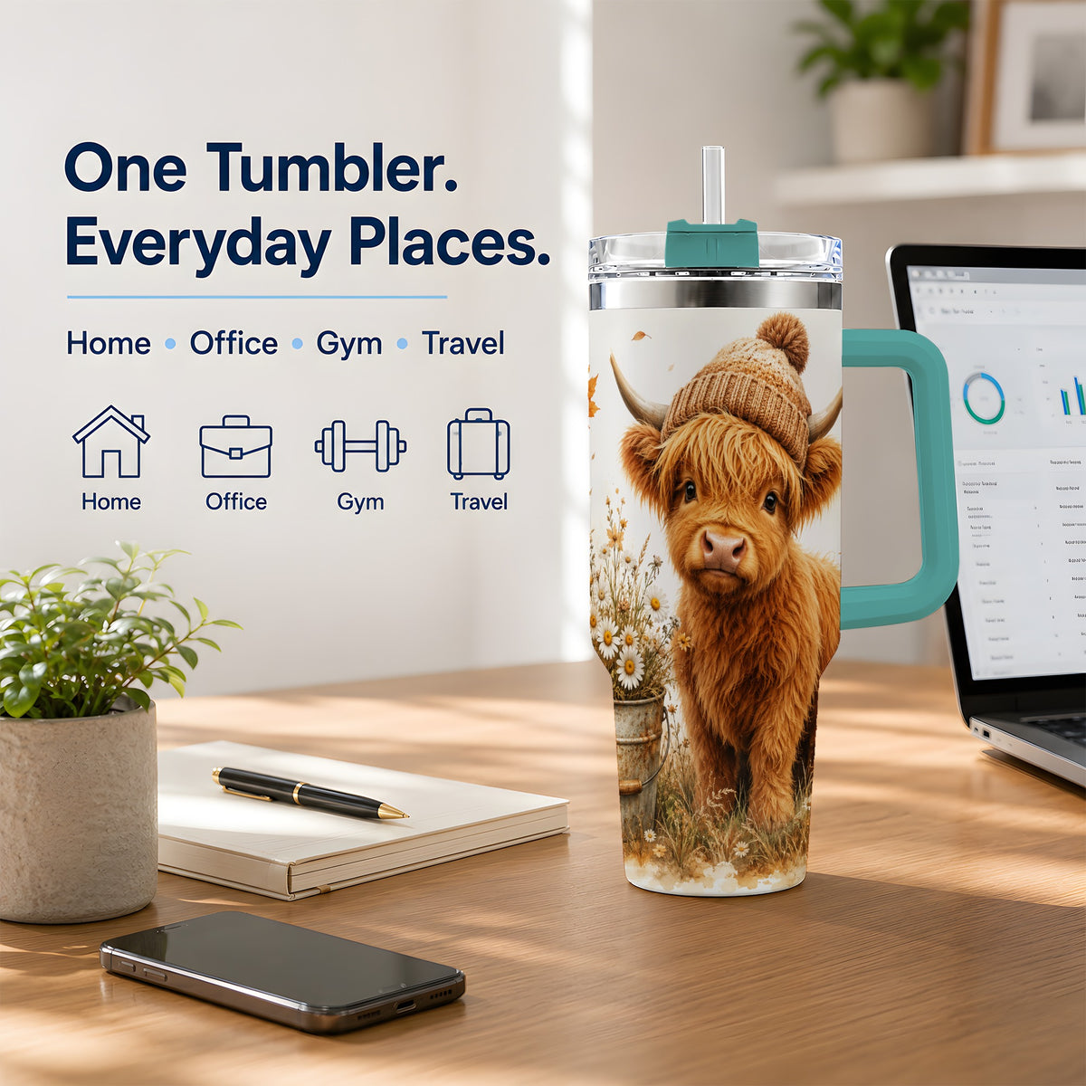 #pl[40oz|Green] Highland Cow Handled Tumbler, 40oz Stainless Steel for Cow Lovers
