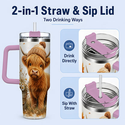 #pl[40oz|Pink] Highland Cow Handled Tumbler, 40oz Stainless Steel for Cow Lovers
