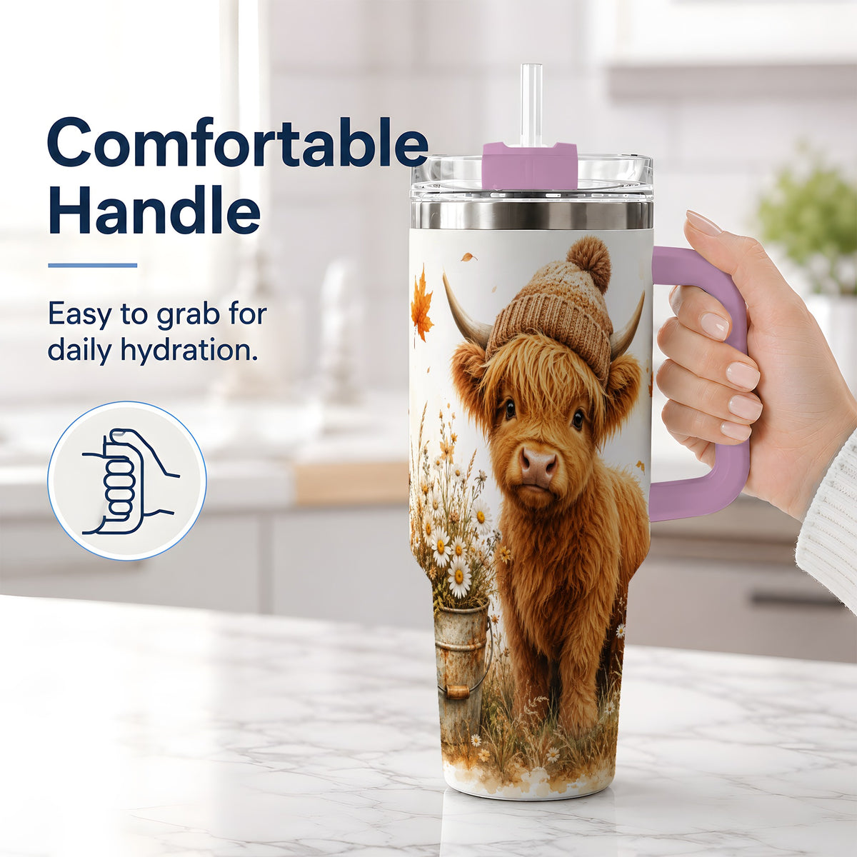 #pl[40oz|Pink] Highland Cow Handled Tumbler, 40oz Stainless Steel for Cow Lovers