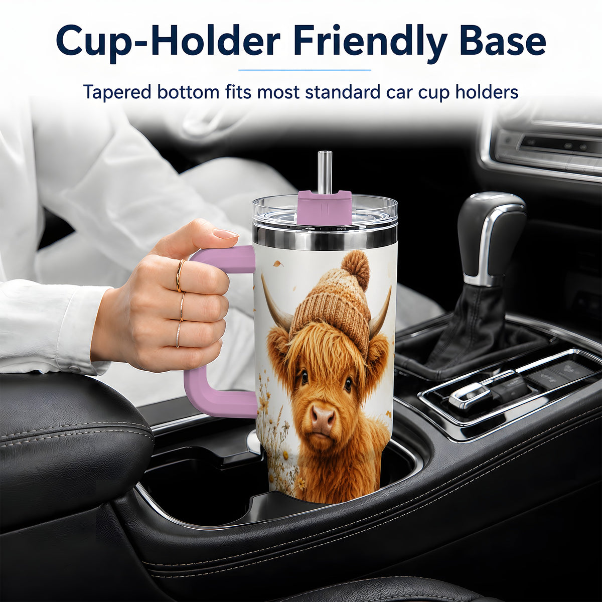 #pl[40oz|Pink] Highland Cow Handled Tumbler, 40oz Stainless Steel for Cow Lovers
