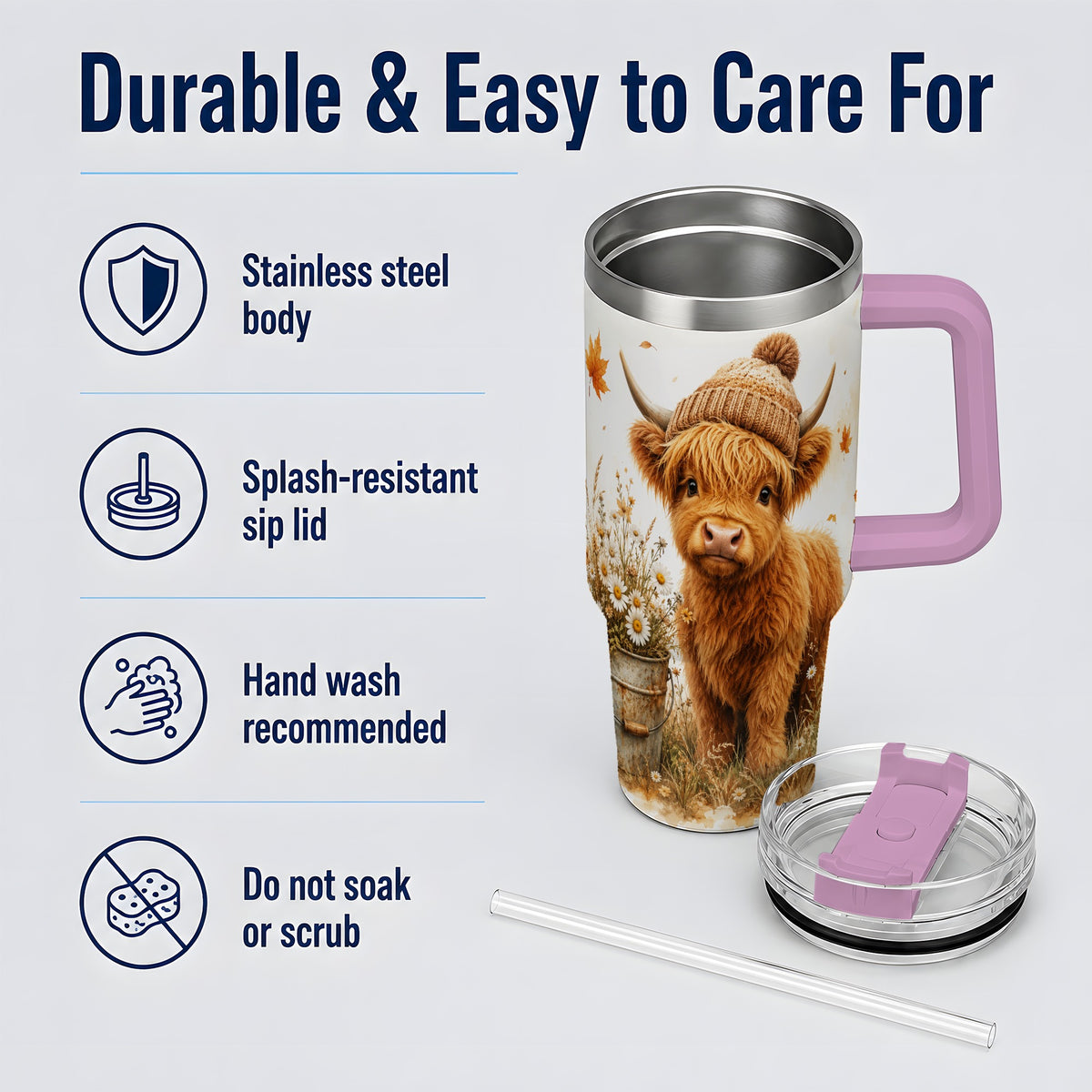 #pl[40oz|Pink] Highland Cow Handled Tumbler, 40oz Stainless Steel for Cow Lovers