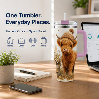 #pl[40oz|Pink] Highland Cow Handled Tumbler, 40oz Stainless Steel for Cow Lovers