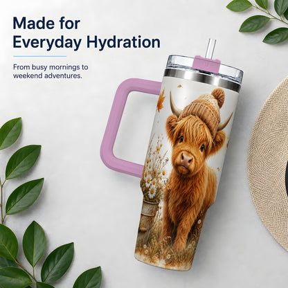 #pl[40oz|Pink] Highland Cow Handled Tumbler, 40oz Stainless Steel for Cow Lovers