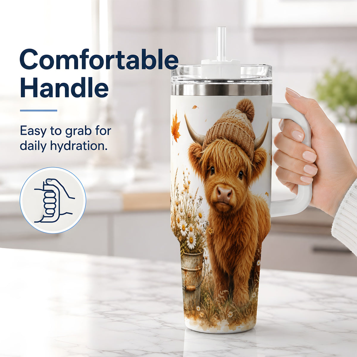 #pl[40oz|White] Highland Cow Handled Tumbler, 40oz Stainless Steel for Cow Lovers