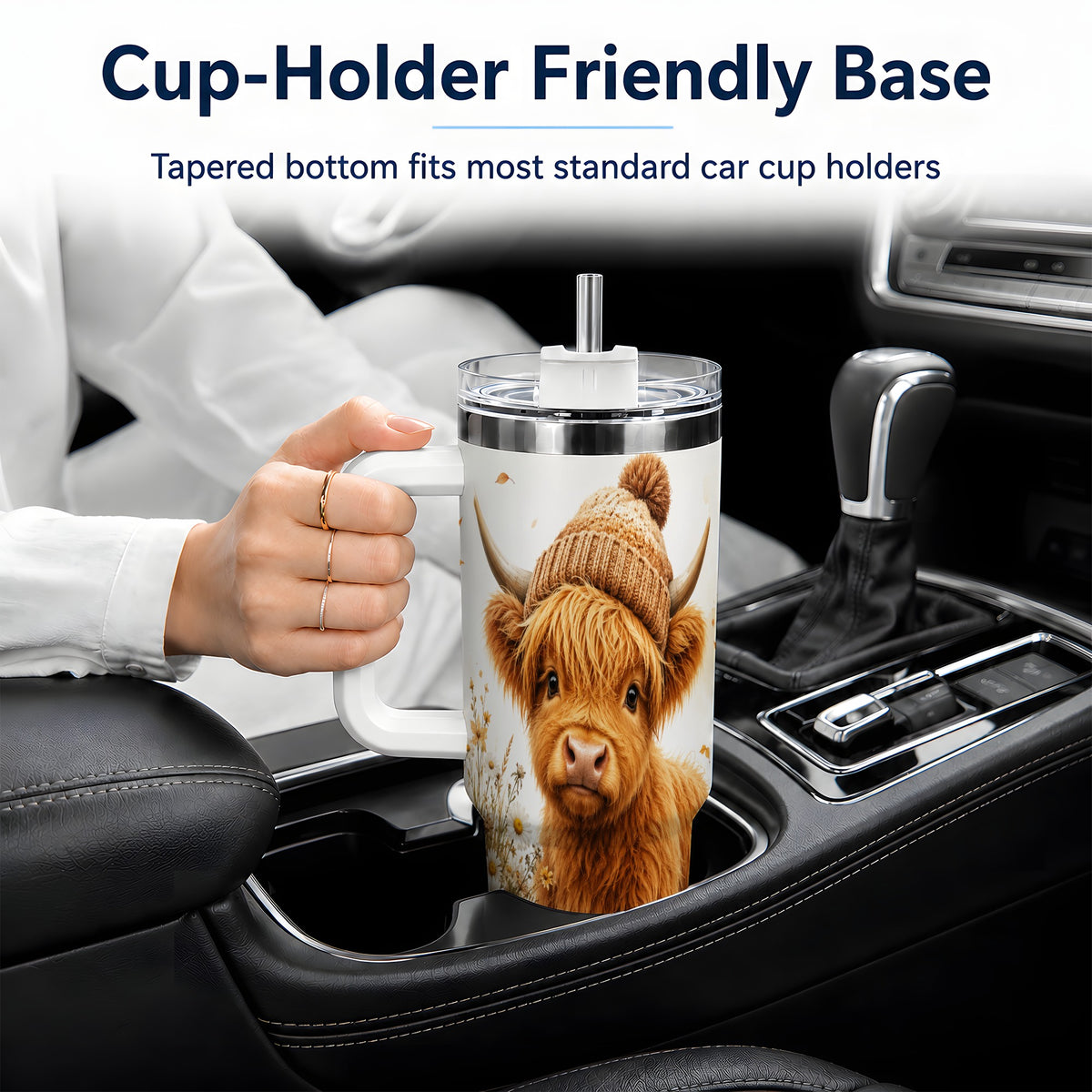 #pl[40oz|White] Highland Cow Handled Tumbler, 40oz Stainless Steel for Cow Lovers