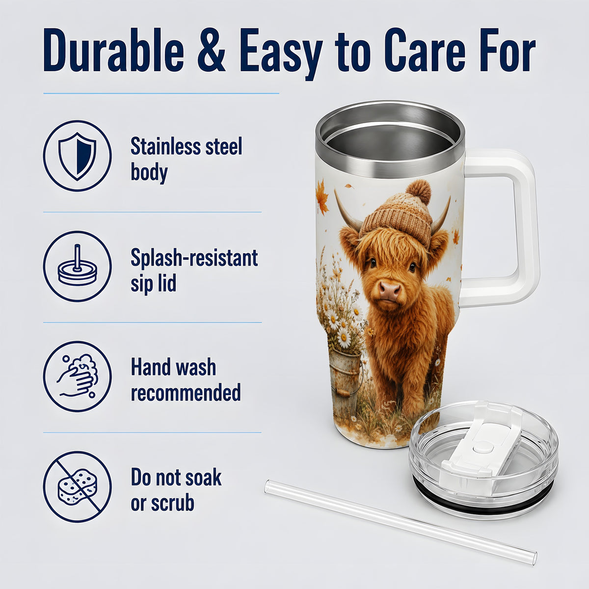 #pl[40oz|White] Highland Cow Handled Tumbler, 40oz Stainless Steel for Cow Lovers