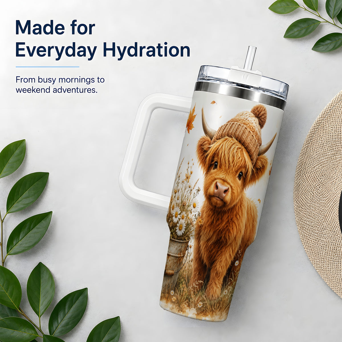 #pl[40oz|White] Highland Cow Handled Tumbler, 40oz Stainless Steel for Cow Lovers