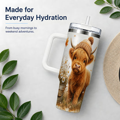 #pl[40oz|White] Highland Cow Handled Tumbler, 40oz Stainless Steel for Cow Lovers