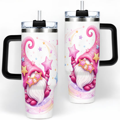 #pl[40oz|Black] Pink Star Gnome Handled Tumbler, 40oz Stainless Steel for Gnome Fans