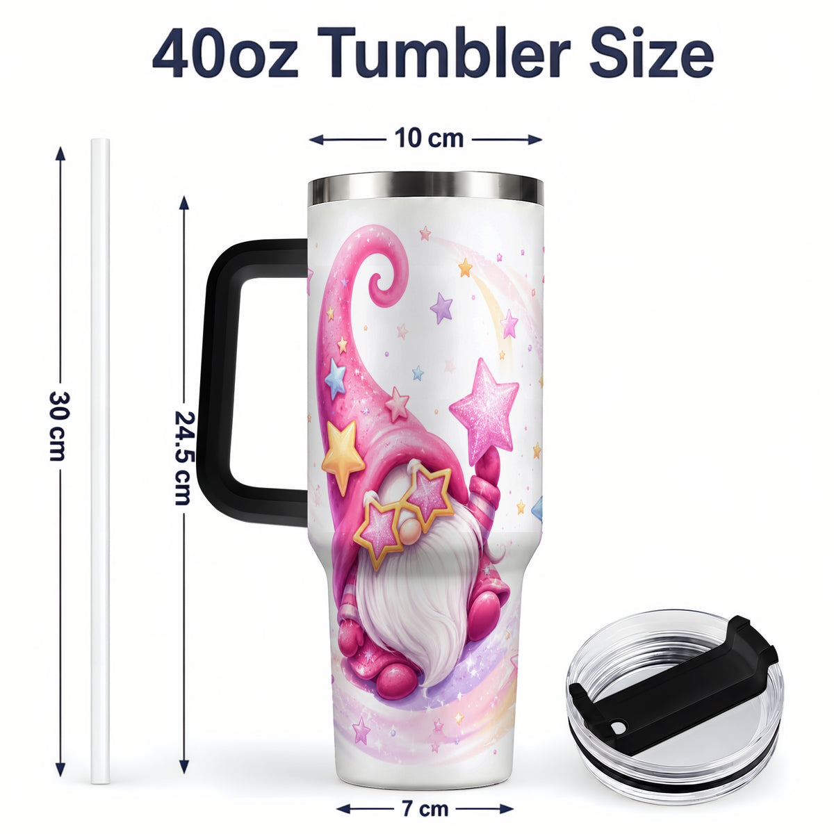 #pl[40oz|Black] Pink Star Gnome Handled Tumbler, 40oz Stainless Steel for Gnome Fans