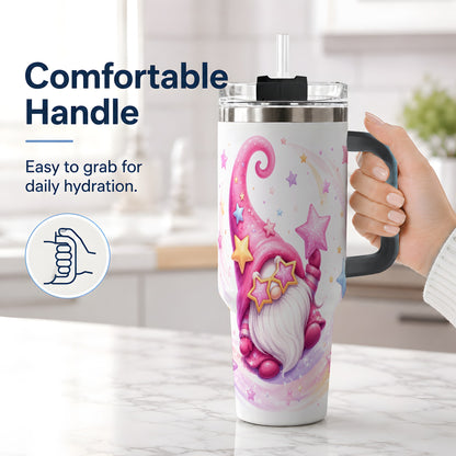 #pl[40oz|Black] Pink Star Gnome Handled Tumbler, 40oz Stainless Steel for Gnome Fans