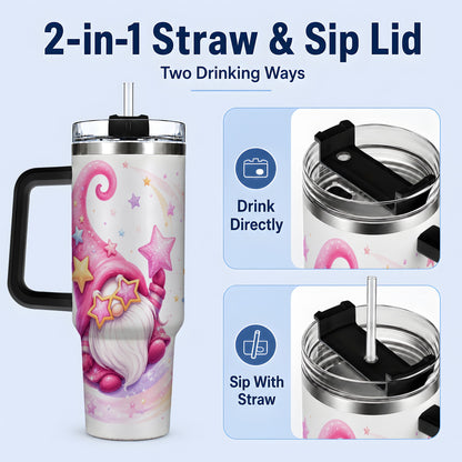 #pl[40oz|Black] Pink Star Gnome Handled Tumbler, 40oz Stainless Steel for Gnome Fans