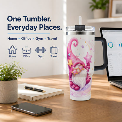 #pl[40oz|Black] Pink Star Gnome Handled Tumbler, 40oz Stainless Steel for Gnome Fans