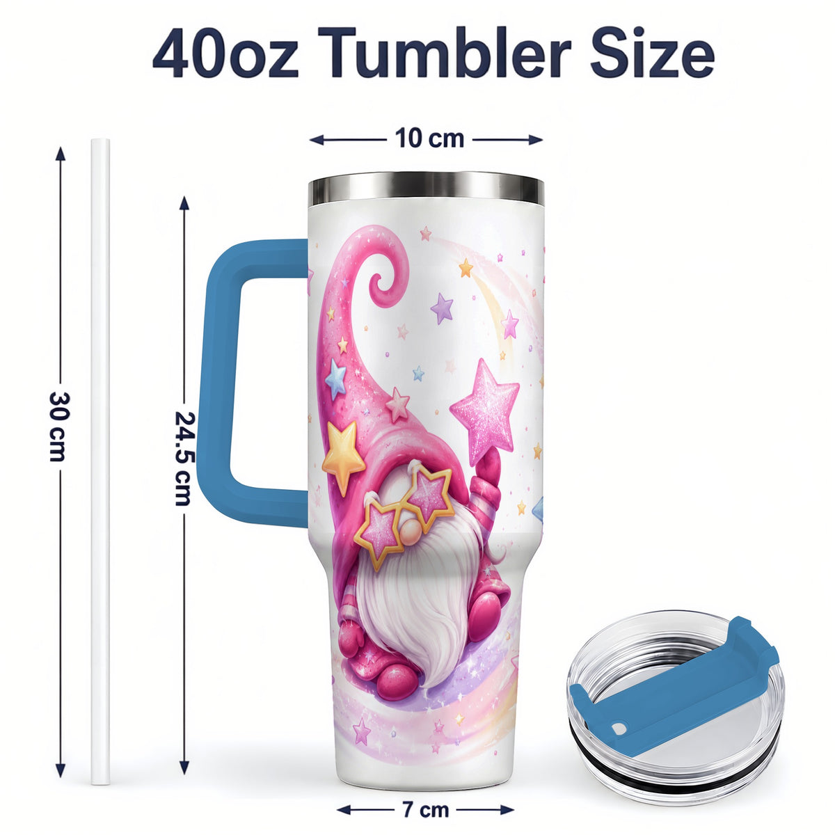 #pl[40oz|Blue] Pink Star Gnome Handled Tumbler, 40oz Stainless Steel for Gnome Fans