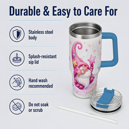 #pl[40oz|Blue] Pink Star Gnome Handled Tumbler, 40oz Stainless Steel for Gnome Fans