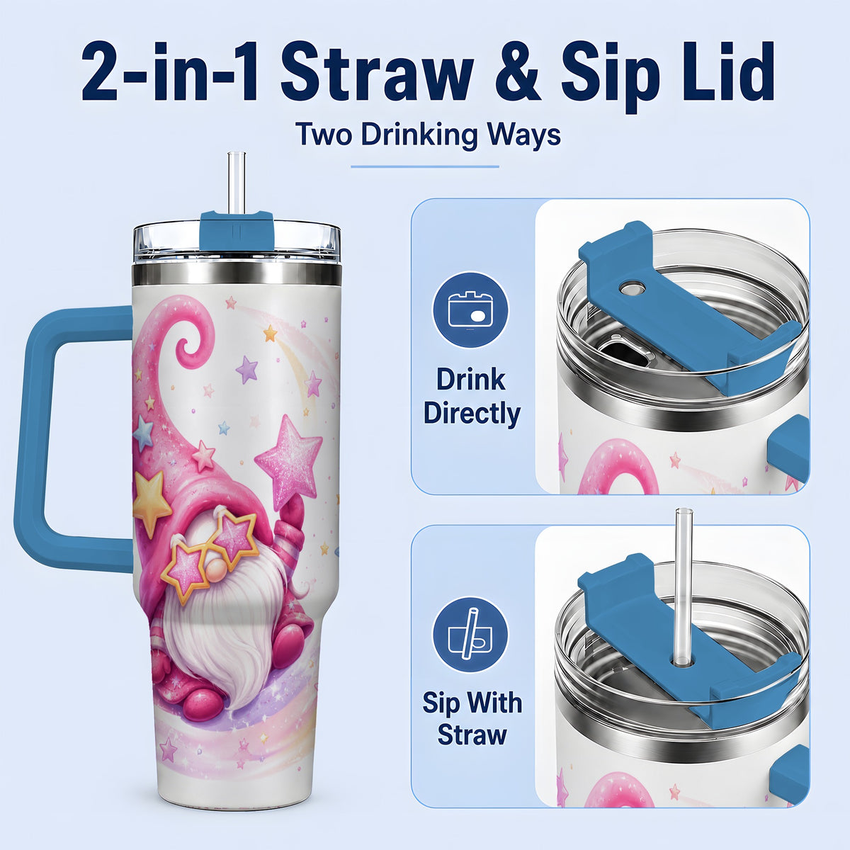 #pl[40oz|Blue] Pink Star Gnome Handled Tumbler, 40oz Stainless Steel for Gnome Fans