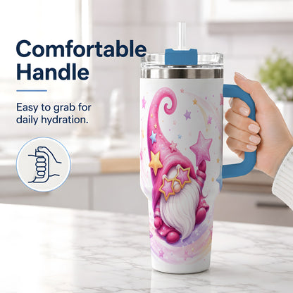 #pl[40oz|Blue] Pink Star Gnome Handled Tumbler, 40oz Stainless Steel for Gnome Fans