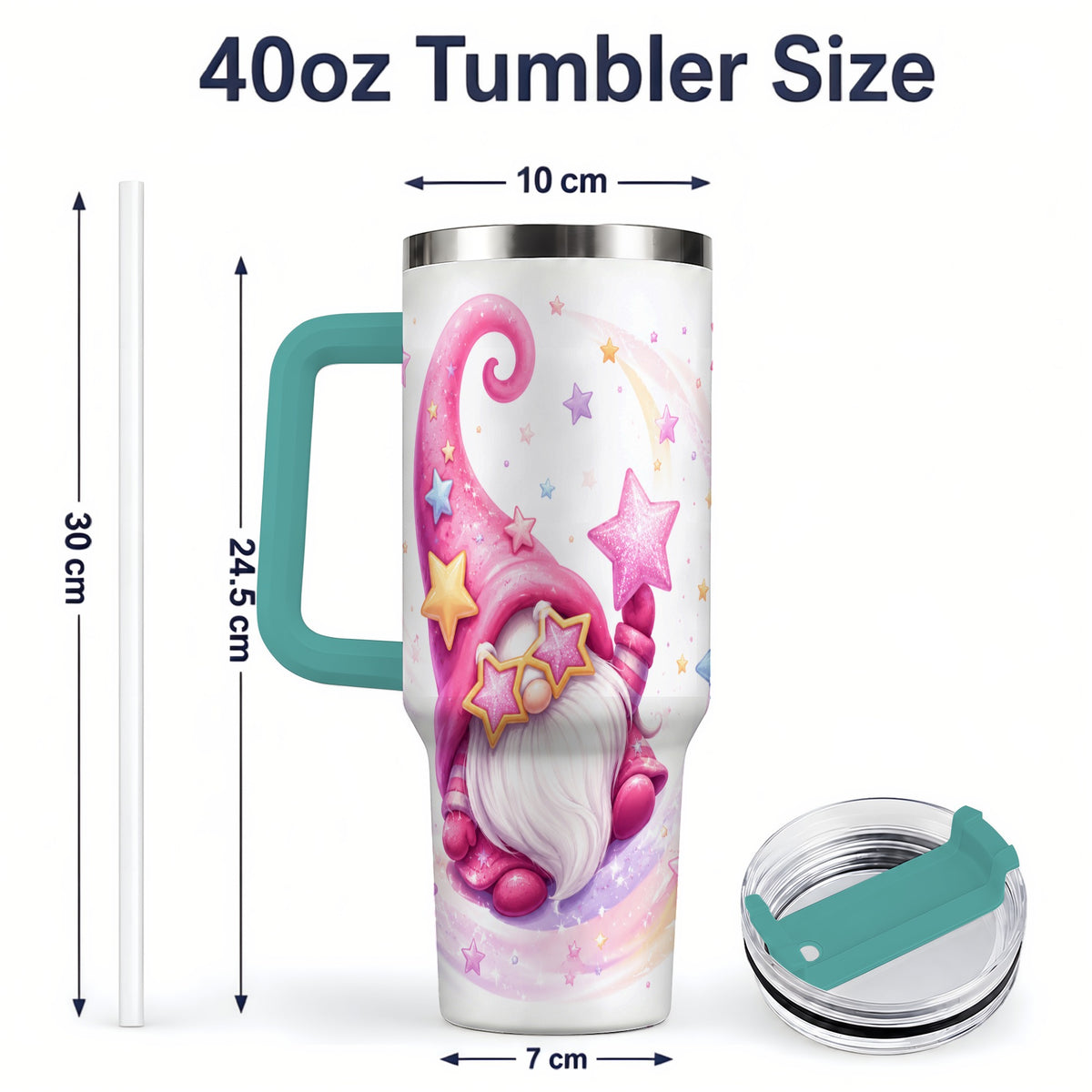 #pl[40oz|Green] Pink Star Gnome Handled Tumbler, 40oz Stainless Steel for Gnome Fans