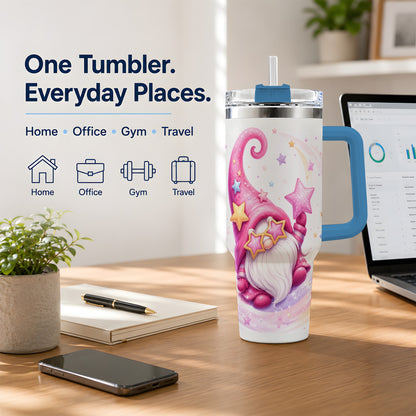 #pl[40oz|Blue] Pink Star Gnome Handled Tumbler, 40oz Stainless Steel for Gnome Fans