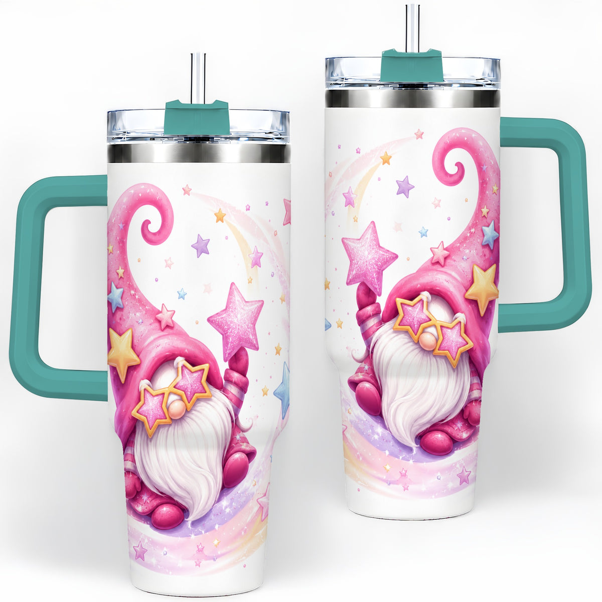 #pl[40oz|Green] Pink Star Gnome Handled Tumbler, 40oz Stainless Steel for Gnome Fans