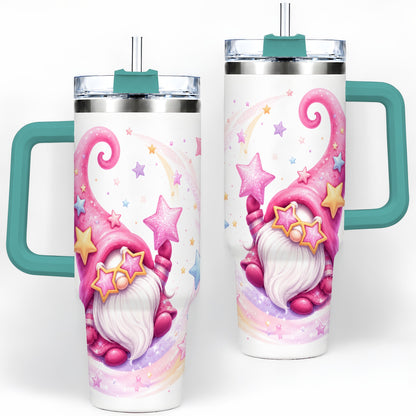 #pl[40oz|Green] Pink Star Gnome Handled Tumbler, 40oz Stainless Steel for Gnome Fans