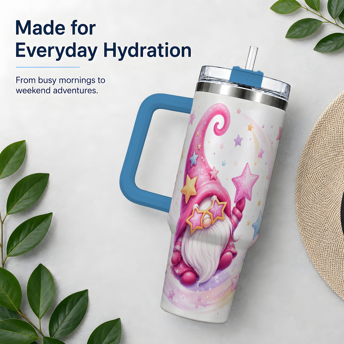 #pl[40oz|Blue] Pink Star Gnome Handled Tumbler, 40oz Stainless Steel for Gnome Fans