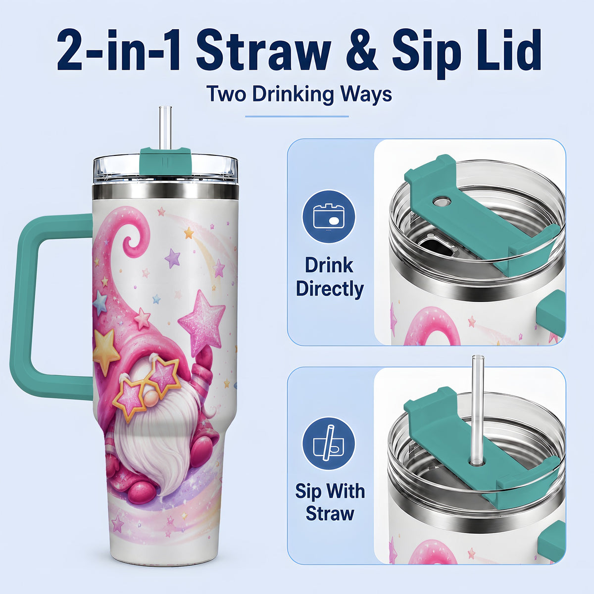 #pl[40oz|Green] Pink Star Gnome Handled Tumbler, 40oz Stainless Steel for Gnome Fans