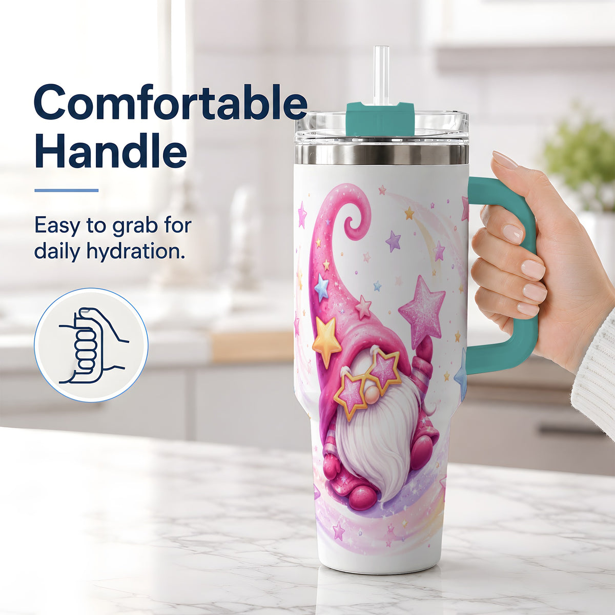 #pl[40oz|Green] Pink Star Gnome Handled Tumbler, 40oz Stainless Steel for Gnome Fans