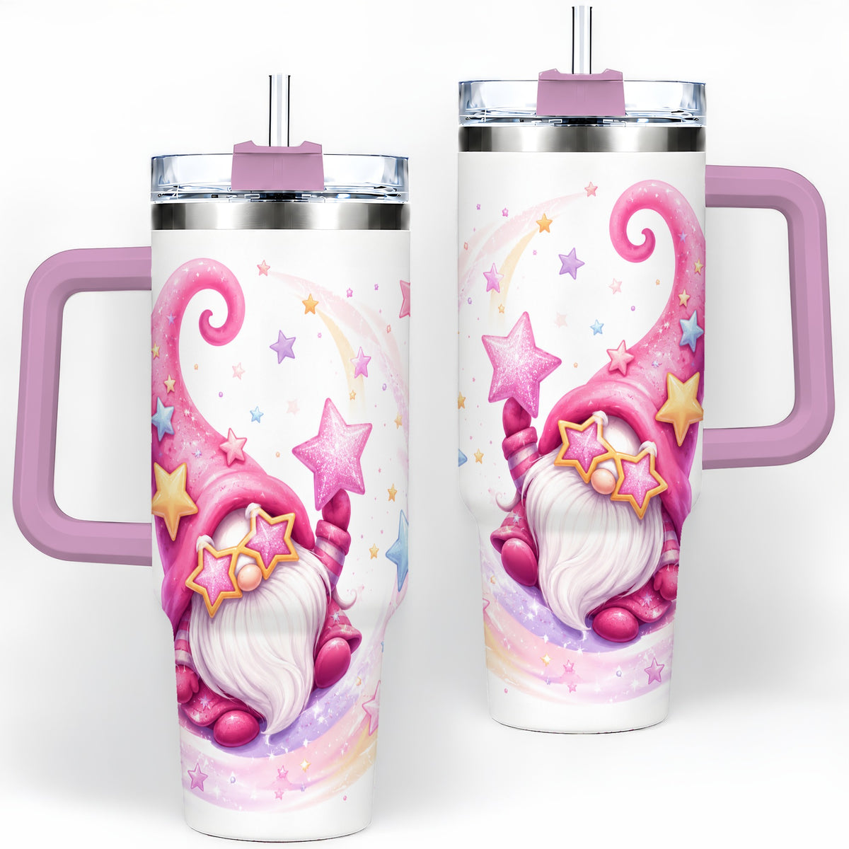 #pl[40oz|Pink] Pink Star Gnome Handled Tumbler, 40oz Stainless Steel for Gnome Fans