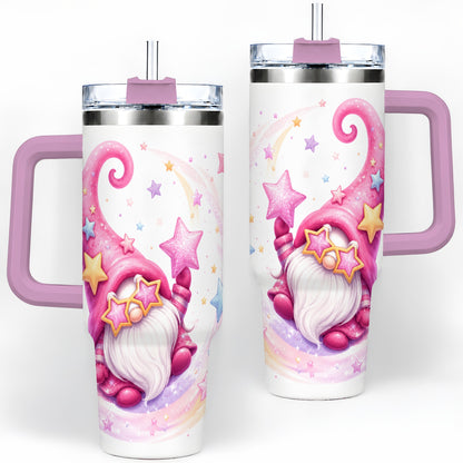 #pl[40oz|Pink] Pink Star Gnome Handled Tumbler, 40oz Stainless Steel for Gnome Fans