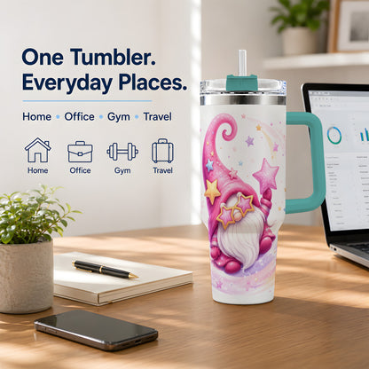 #pl[40oz|Green] Pink Star Gnome Handled Tumbler, 40oz Stainless Steel for Gnome Fans