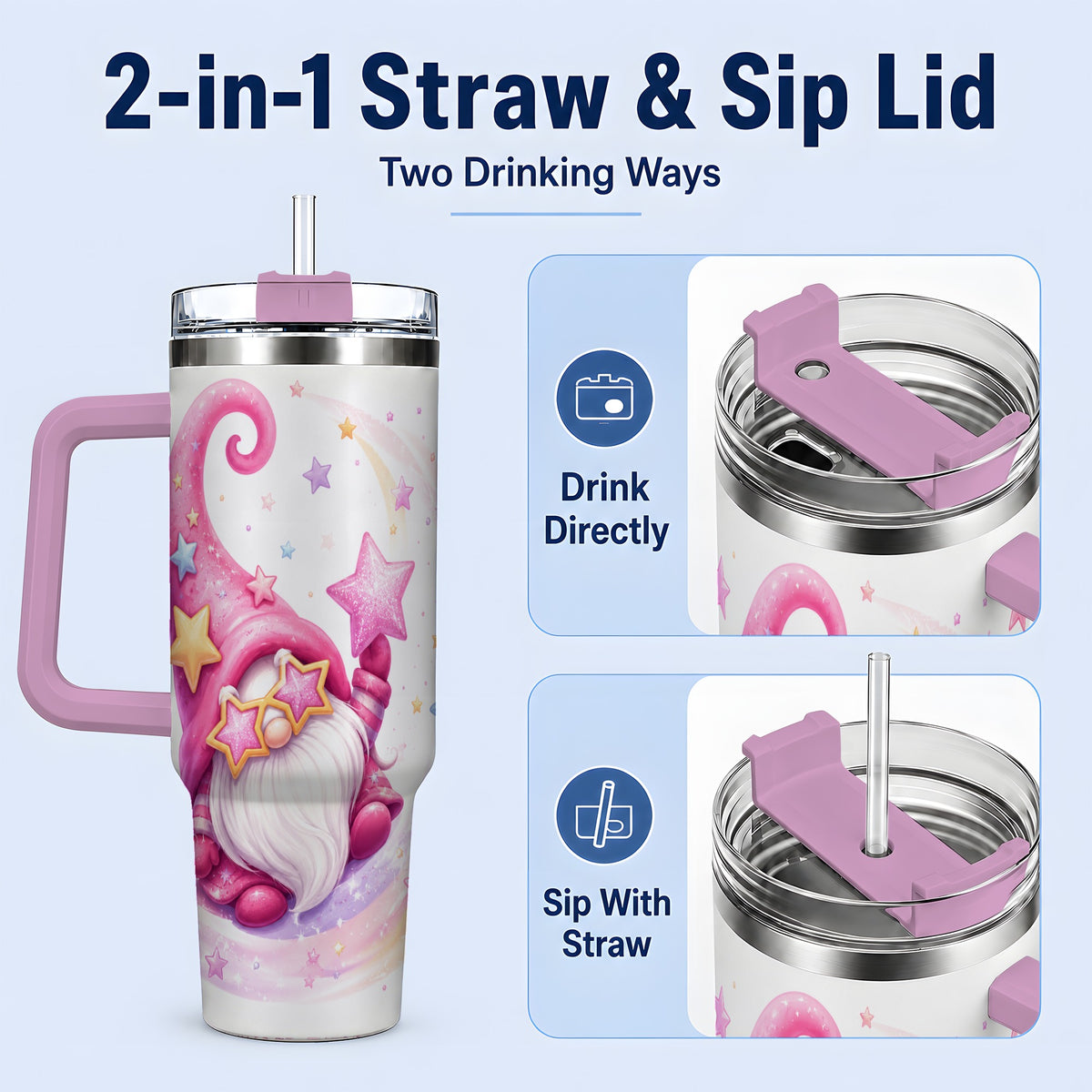 #pl[40oz|Pink] Pink Star Gnome Handled Tumbler, 40oz Stainless Steel for Gnome Fans