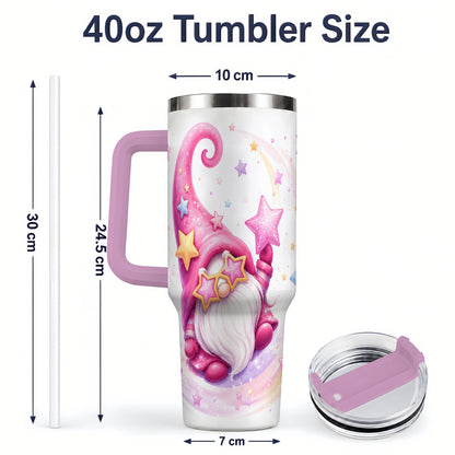 #pl[40oz|Pink] Pink Star Gnome Handled Tumbler, 40oz Stainless Steel for Gnome Fans