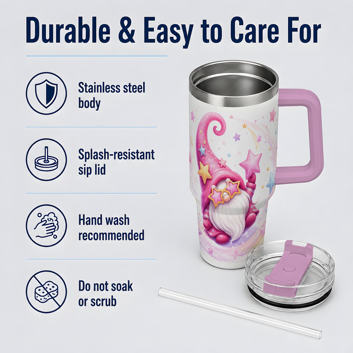 #pl[40oz|Pink] Pink Star Gnome Handled Tumbler, 40oz Stainless Steel for Gnome Fans