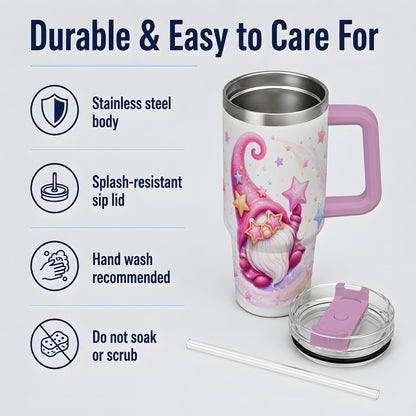 #pl[40oz|Pink] Pink Star Gnome Handled Tumbler, 40oz Stainless Steel for Gnome Fans