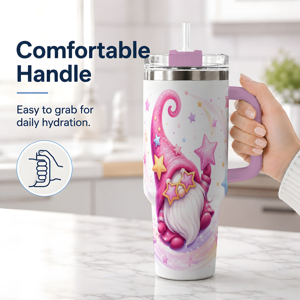 #pl[40oz|Pink] Pink Star Gnome Handled Tumbler, 40oz Stainless Steel for Gnome Fans
