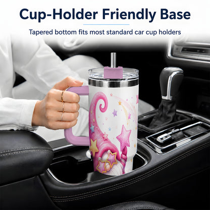 #pl[40oz|Pink] Pink Star Gnome Handled Tumbler, 40oz Stainless Steel for Gnome Fans
