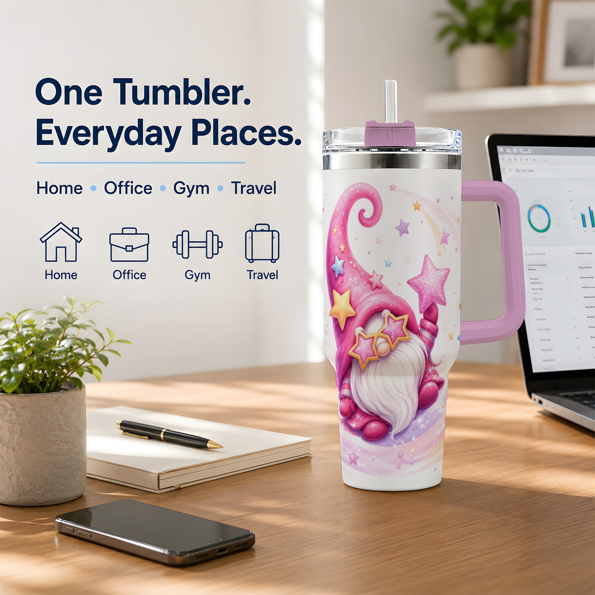 #pl[40oz|Pink] Pink Star Gnome Handled Tumbler, 40oz Stainless Steel for Gnome Fans