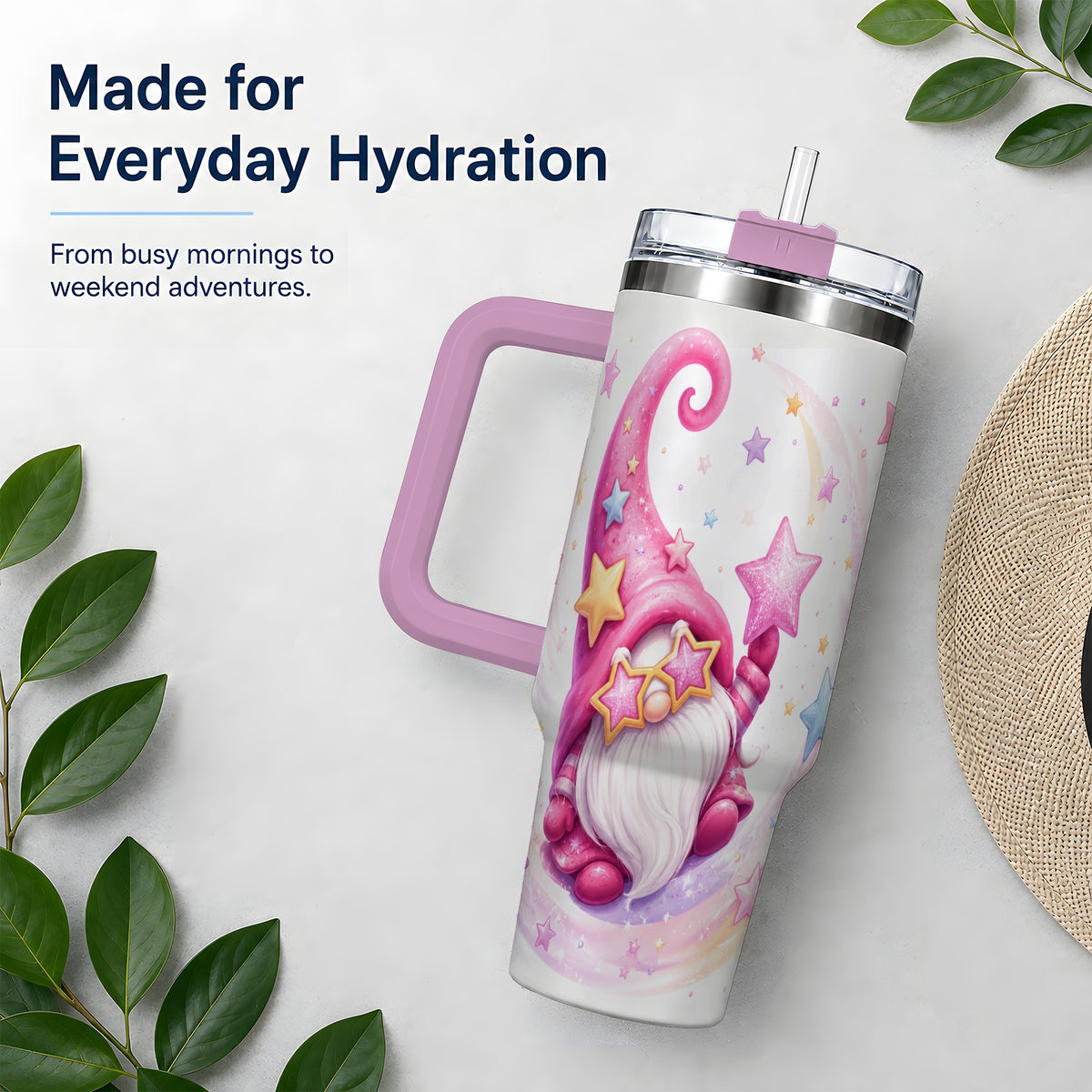 #pl[40oz|Pink] Pink Star Gnome Handled Tumbler, 40oz Stainless Steel for Gnome Fans